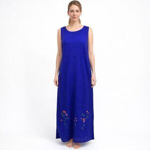 Halmode Petite Vintage Sleeveless Linen Dress 12 P Blue Indigo Art To Wear Boho